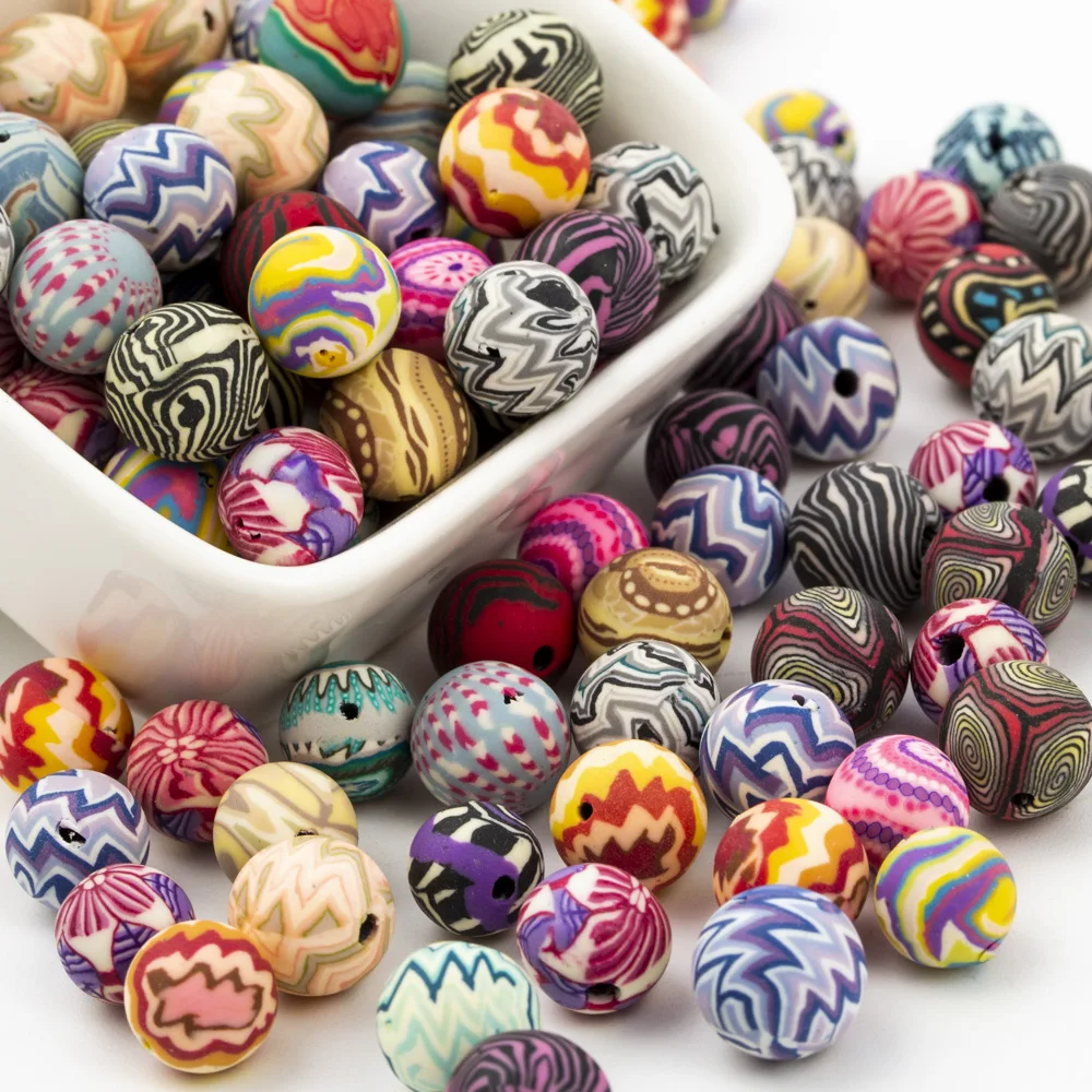 

10mm Mix Color Fimo Polymer Clay Beads Wave Pattern For Jewelry Making Bracelet Diy Accessories Loose Round Beads Wholesale C801