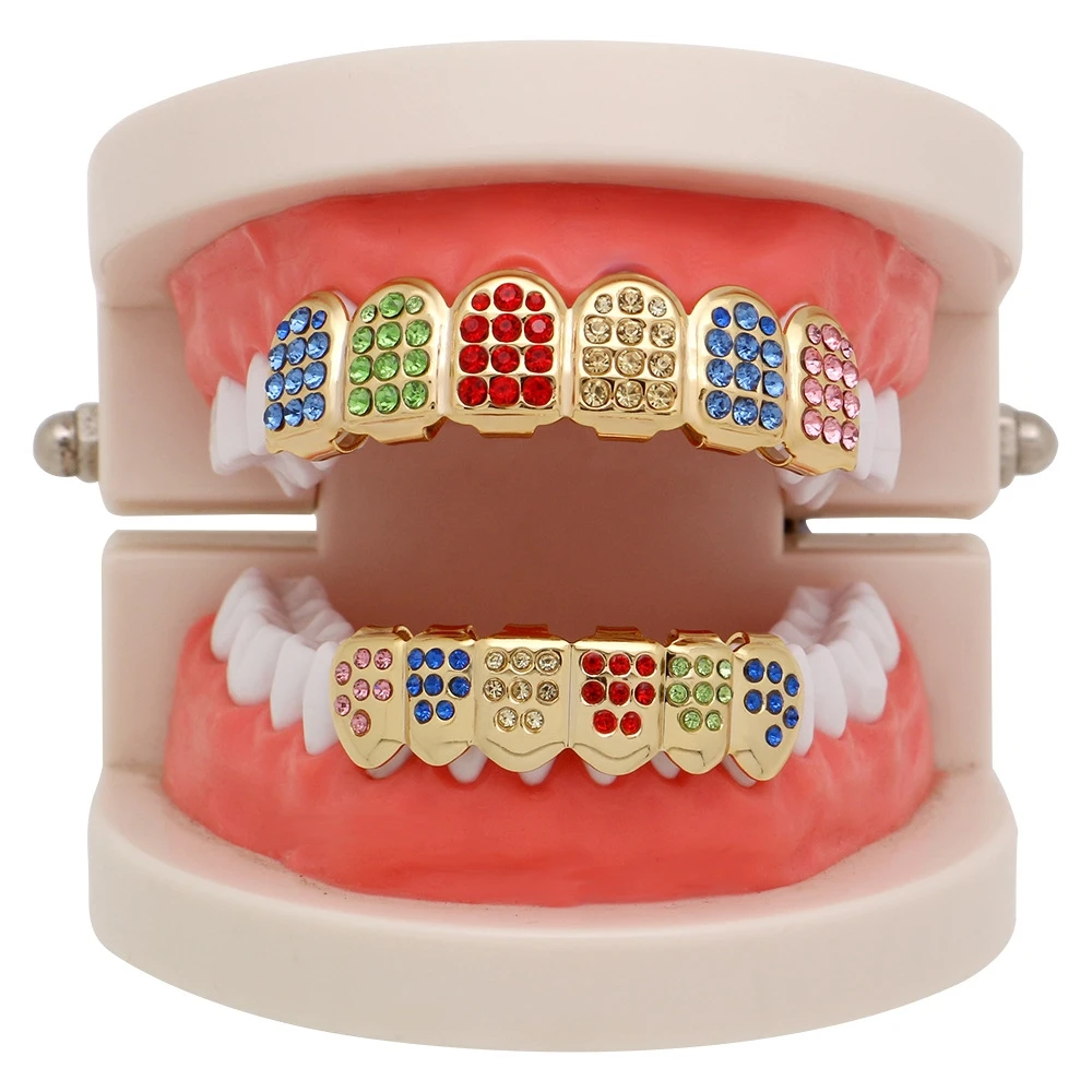 

Hip Hop Rainbow Iced Out AAA Zircon Micro Pave Teeth Grills Caps Top & Bottom Colorful Grills Set Men Women Fashion Jewelry