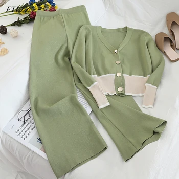 

FTLZZ Knitted Women Two Pieces Set Spring Short V-neck Button Tops Fashion Casual Wide Leg Long Pants Femme Elegant Sets