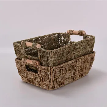 

2PCS Hand-Woven Large Storage Baskets with Wooden Handles, Seagrass Wicker Baskets for Organizing