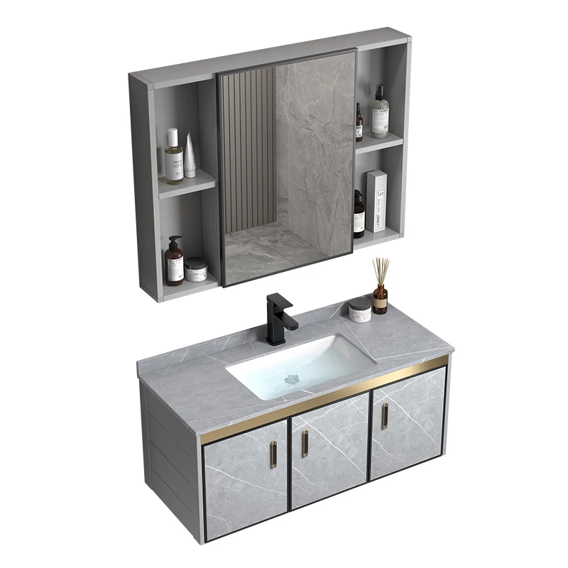 

Light Luxury Space Aluminum Alloy Bathroom Cabinet Combination Bathroom Table Pool Integrated Stone Plate Washbasin Wash Basin