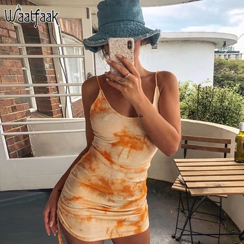 

Waatfaak Side Ruched Orange Tie Dye Dress Backless Summer Sexy Sundress Women Club Wear SleeveLess Beach Bodycon Dress Mini Slim