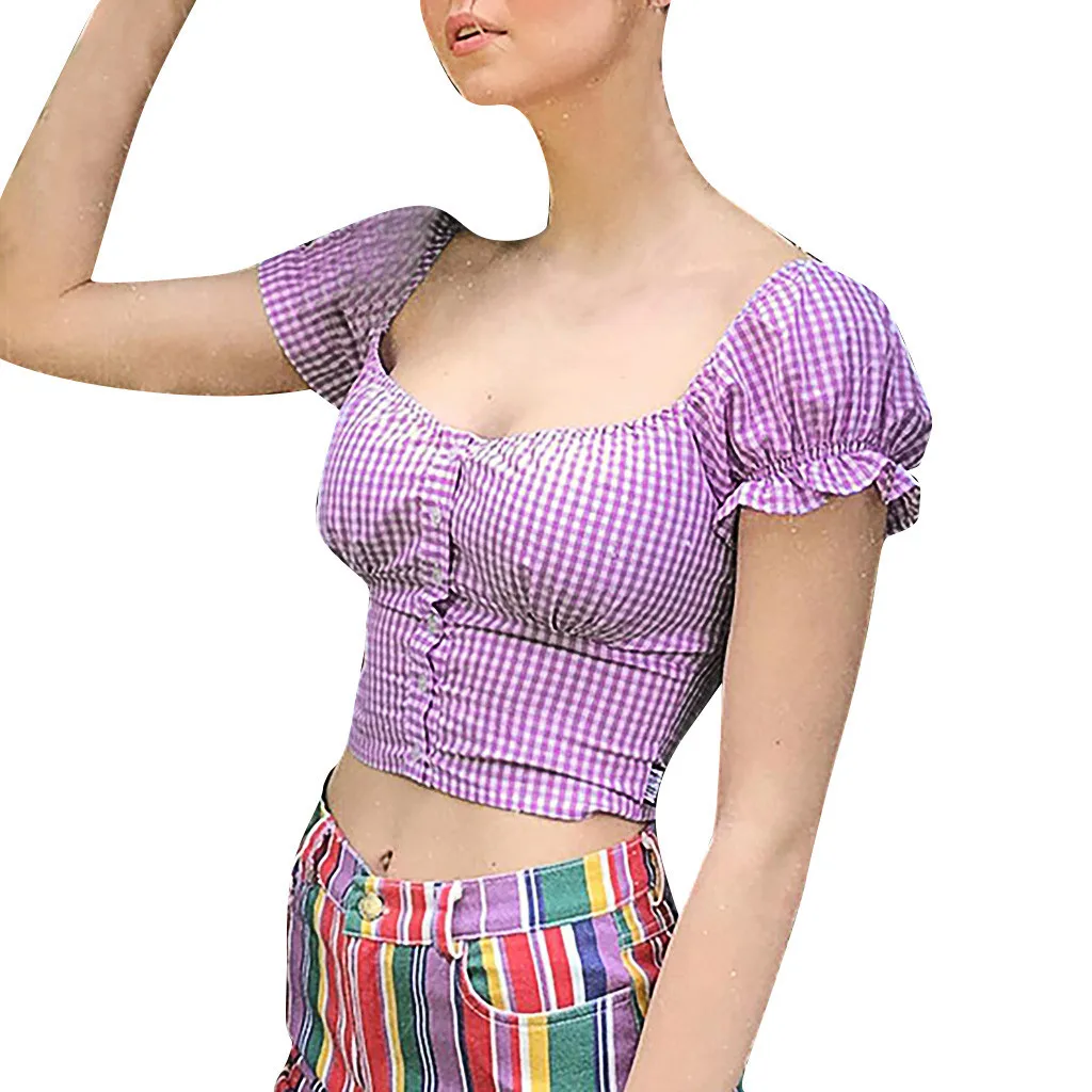 

Women Sexy Short Sleeve Plaid Printed Button Puff Sleeve T-Shirt Tops manual design t-shirts summer woman 2019 july 29