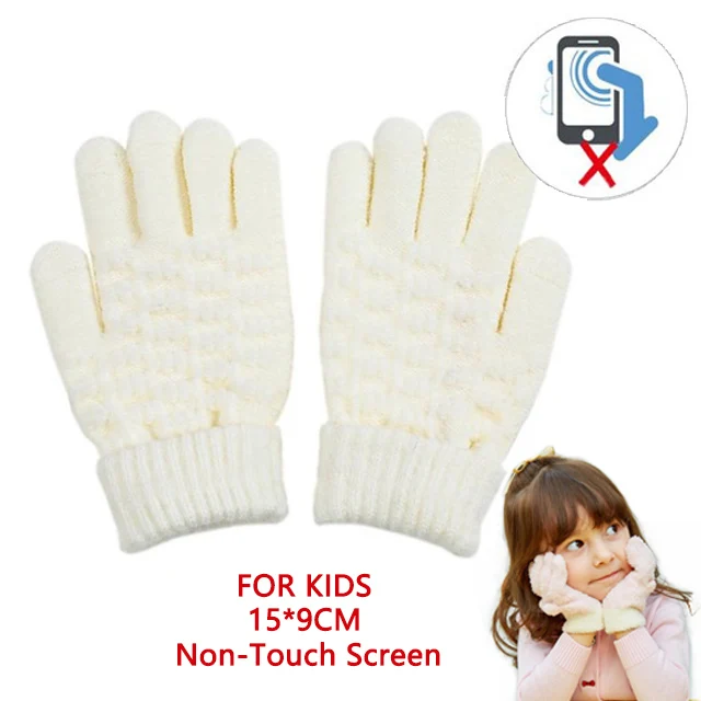 Winter Touch Screen Gloves Women Men Warm Stretch Knit Mittens Imitation Wool Full Finger Guantes Female Crochet Thicken M158 - Color: Kids White