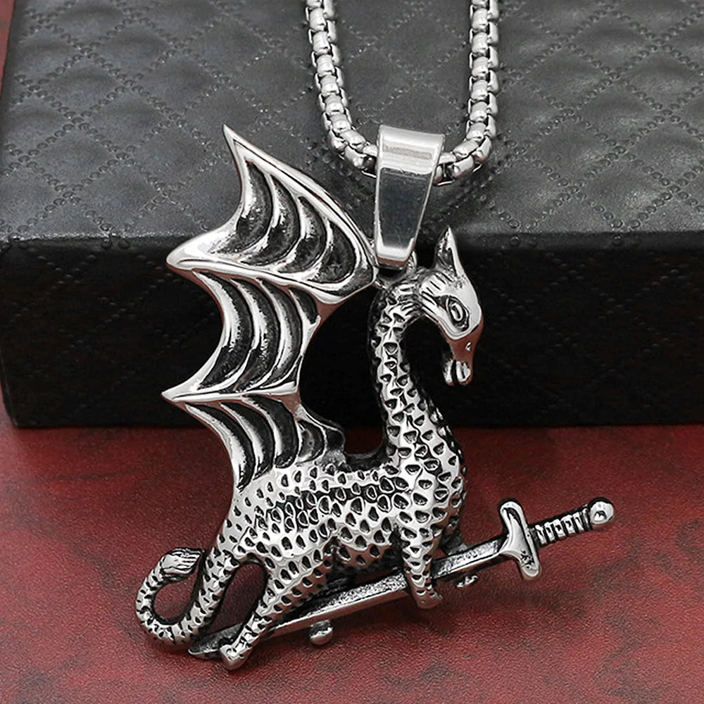 В винтажном стиле Из нержавеющей стали ожерелье для мужчин Viking Flying Dragon кулон Панк