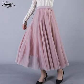 

2020 Spring Korean Style 4 Colors Elastic Waist Solid Skirts Womens Casual Maxi Mesh Long Skirt Women Pleated Skirt Jupe 9840