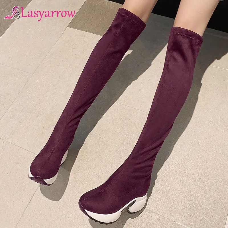 

Lasyarrow 2020 New Stretch Fabrics Over The Knee Boots Height Increasing Round Toe Women Shoes Autumn Winter Casual Long Boots