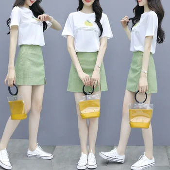 

Summer Short Mini Skirts Plaid Two Piece Set Letter Lemon Letter Clothes For Women White T-shirts Fashion 2 Piece Twinset