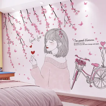 

[shijuekongjian] Cartoon Girl Wall Stickers DIY Peach Flowers Bicycle Mural Decals for House Kids Rooms Nursery Decoration