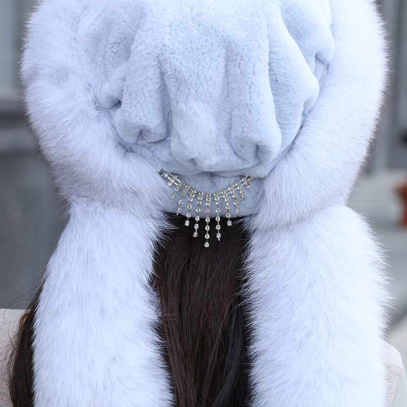 Шапка из натурального Лисьего меха, женская шапка из меха кролика Рекс, шарф, утепленная меховая теплая зимняя шапка, женская теплая зимняя шапка, модный шарф в русском стиле