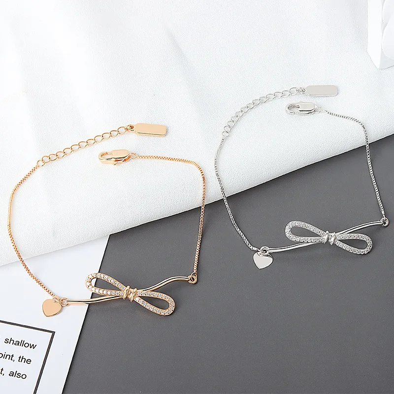 

S925 Bowknot Charm Bracelet for Women Crystal Silver Gold Color Zircon Rhinestone Elegant Female Party Girl Jewelry Gift