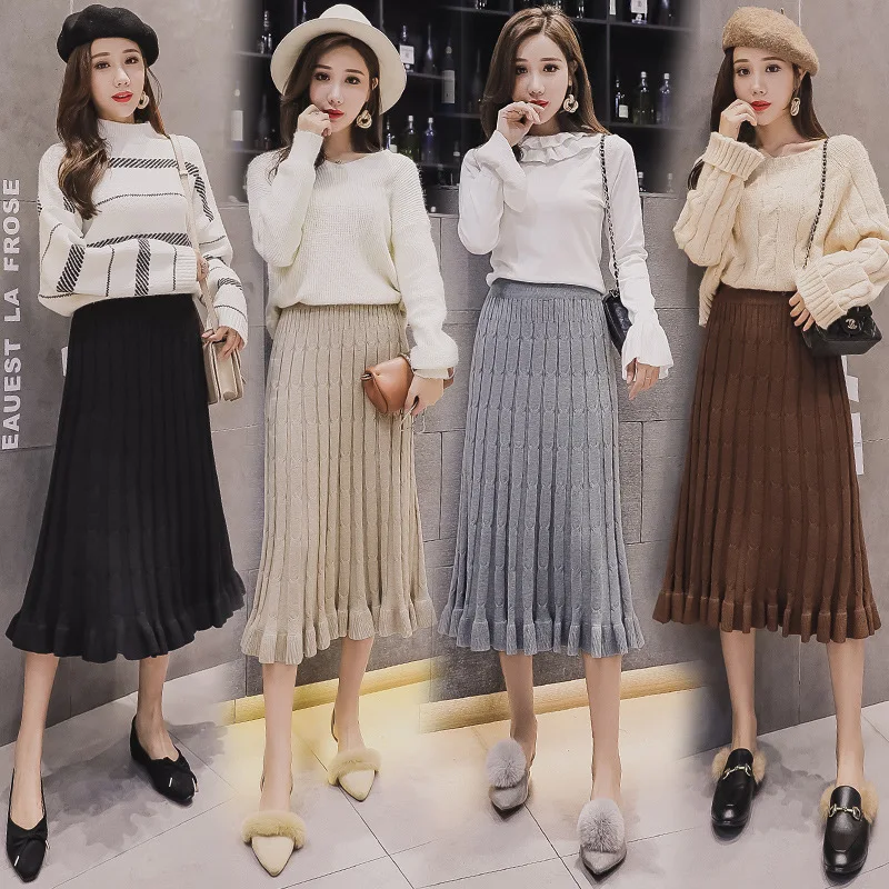 

Photo Shoot 2019 Autumn And Winter Knitted Skirt High-waisted Mid-length A- line Skirt Frilled Long Skirts Wrapped Skirt Women's