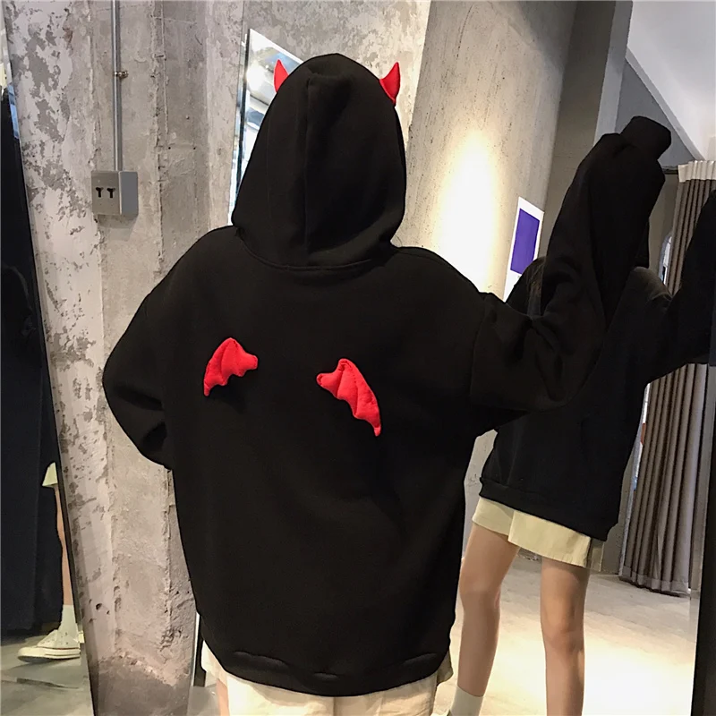 Devil Horn Hoodie Streetwear Devil Hoodie Gothic Hooded Hoody Women Loose Black Hooded Pollovers Sweatshirts Oversized Harajuku