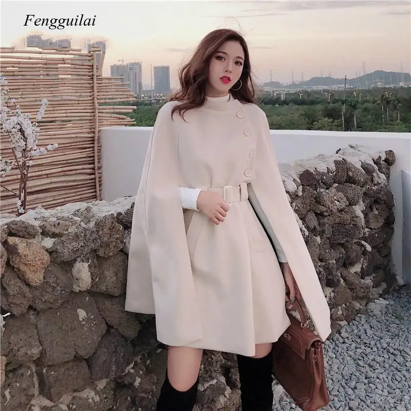 

Korean New Style Solid Color Loose Cape Coat Collect Waist Woolen Medium Long Coat Women Winter Tops for Woman