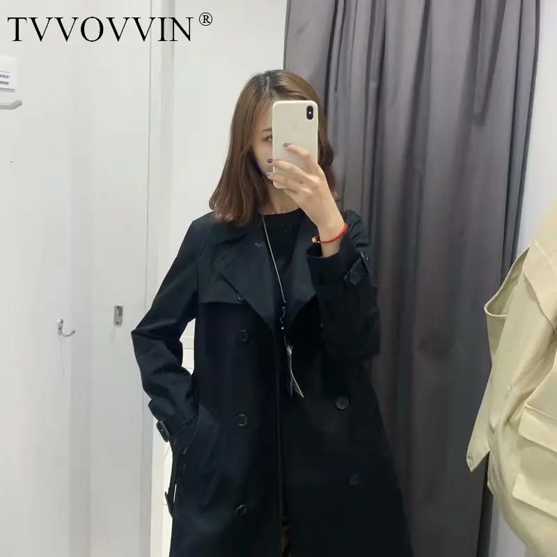 TVVOVVIN Autumn Three-colour Classic Autumn Long Fund Solid Color Match Belt Windbreaker Both Row Buckle Loose Coat Woman ZX128