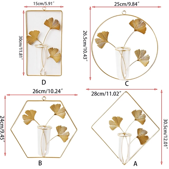 Kreatív Fali Függő Növények Váza Fém Ginkgo Levélkeret Geometriai Üveg Kémcső Hidroponikus Ültetvények Terrárium Hom - Image 6