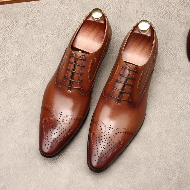 Zapatos de vestir de genuino para hombre, calzado de negocios Oxfords para graduación, color negro, café y rojo vino, talla grande EUR46| Zapatos formales| - AliExpress