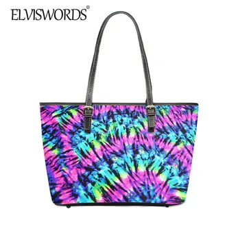 

ELVISWORDS 2020 Fashion Tie Dye Pattern Women Tote Handbag Brand Design PU Leather Handle Bag Girls Colorful Large Shoulder Bag
