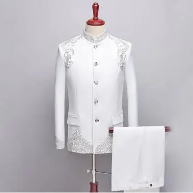 Black Blazer men Chinese tunic suit set with pants mens wedding suits costume singer star style stage clothing formal dress