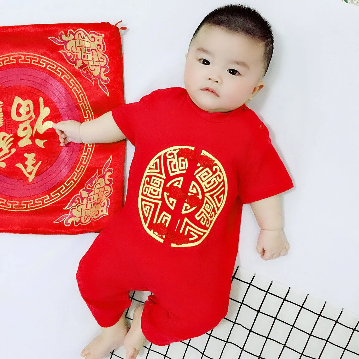 Детские комбинезоны; Китайский Стиль хлопчковый комбинезон детский Традиционный Тан костюм, комплект одежды для малышей, год, праздник весны костюм - Цвет: Red 80