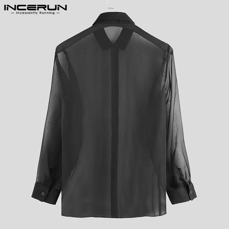 INCERUN, модная, мужская, сексуальная, сетчатая рубашка, длинный рукав, прозрачные, вечерние, для ночного клуба, топы, прозрачные, с отворотом, на пуговицах, рубашки для мужчин, Camisa