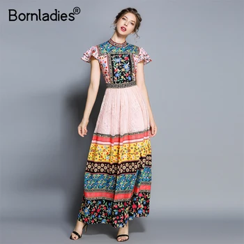 

Bornladies Clothing Runway Fashion Floral Print Holiday Dresses O-neck High Waisted Floor Length Long Boho Dress Party Dresses