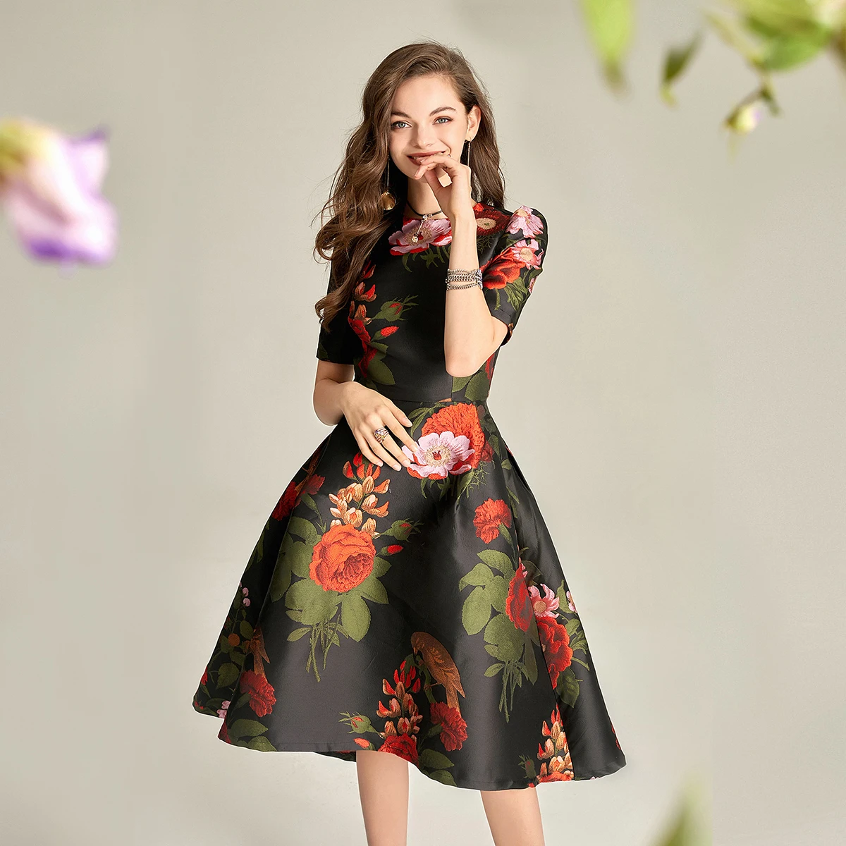 Summer Jacquard Knee-length Dress Women Luxury Dress Sweet