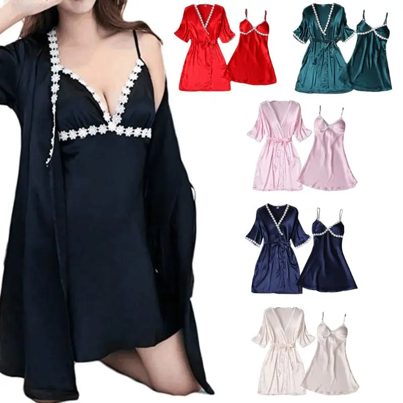 Womens Sexy Ice Silk Half Sleeve Kimono Robe Nightdress Sleepwear Set Flower Lace Pajamas Deep V-Neck Padded Camisole Nightgown