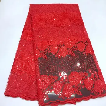 

2019 High Quality Red French Mesh Lace Fabric Latest African Tulle Lace Fabric With Sequins For Nigerian Men Women Dress Party