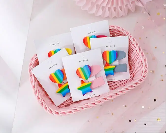 60 компл./лот 2 шт./компл. DIY мульти простые ABS Радуга пятиконечные звезды любящие сердца волосы утка клип костюмы взрыва шпильки для волос Инструменты для укладки волос аксессуары HA1174