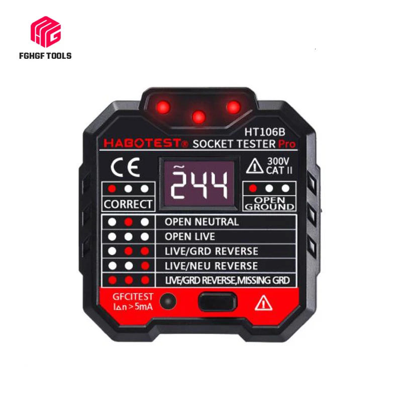 

FGHGF Socket Detector Detector Power Polarity Electroscope RCD Electric Socket Automatic Neutral Live Earth Wire Test Tester