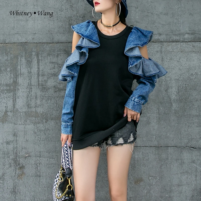 WHITNEY WANG осенняя мода 2020 уличная одежда открытые плечи джинсовые оборки лоскутные