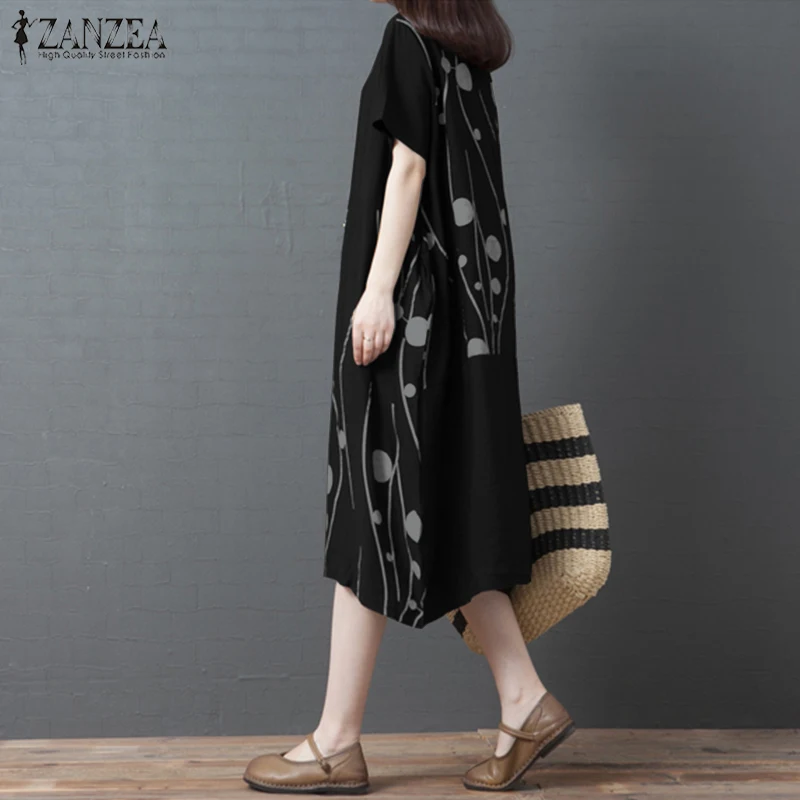 ZANZEA Robe винтажное платье до колена с принтом женский летний сарафан Повседневная Туника с круглым вырезом и коротким рукавом размера плюс Vestidos