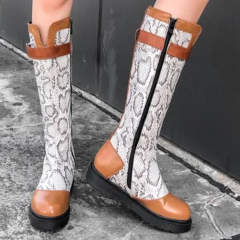 

Snakeskin Winter Snow Boots Knee-High Buckle Strap Round Head Patchwork Shoes Woman Large Size WoMen Zipper Long Barrel Shoes
