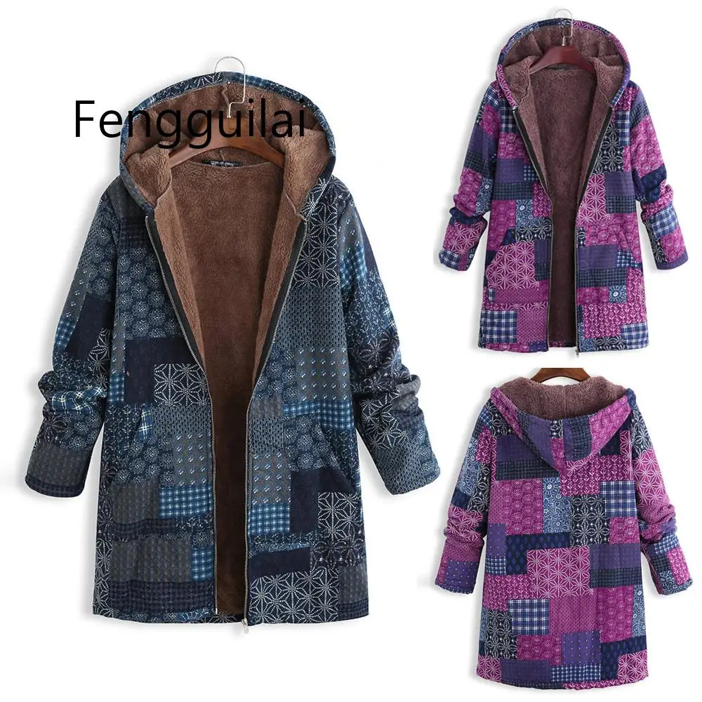 

Winter Fashion Plus Size L-4XL Women Coat Hooded Long Sleeve Vintage Ladies Fleece Thick Coats Keep Warm Zipper Pockets Outwear
