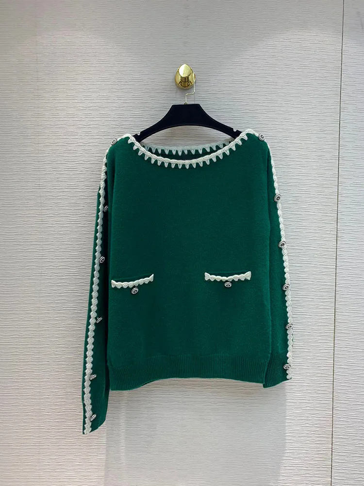 

2019 Autumn & Winter New Women's Fashiont Elegant Word Collar Handmade Hook Flower Cashmere Sweater Two Color Blue White