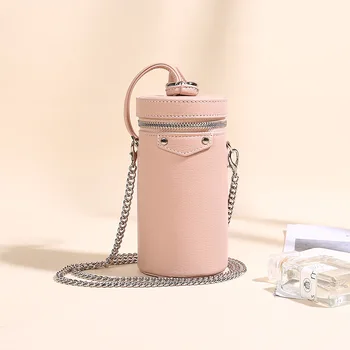 

Fashion Cosmetic Bag Chain Shoulder Messenger Bag Small Bag For Lipstic Genuine Leather Barrel-shaped Makeup Bag Women's Bag