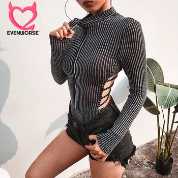 

Evenworse Sexy Zipper Hollowing Out Bodysuit Round Collar Autumn And Winter 2019 Fashion Long Sleeve Skinny Backless Bodysuit