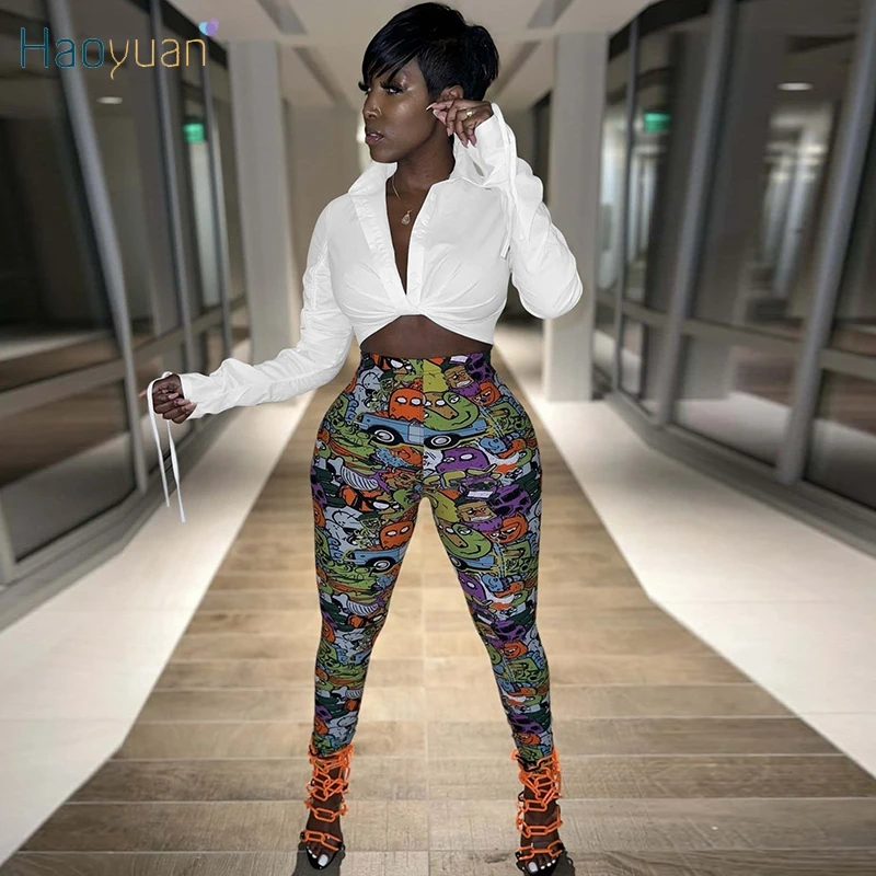 Haoyuan Sexy Leopard Two Piece Set Long Sleeve Crop Y2k Top Printed