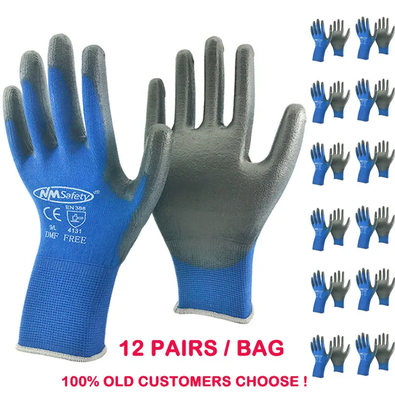 NMSAFETY-guantes de trabajo de seguridad para hombre, 12 pares, flexibles, nailon o poliéster