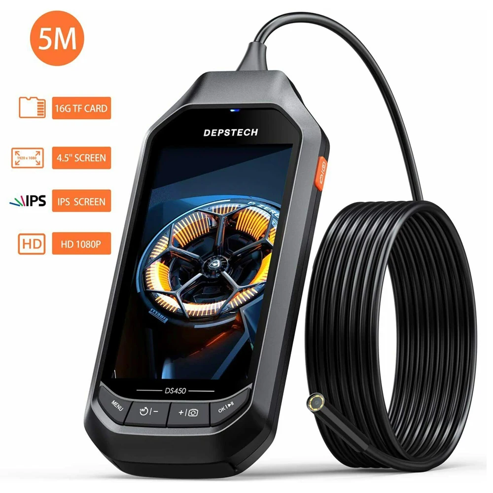 DEPSTECH-endoscopio Digital DS450, pantalla IPS de 4.5in, 2.0MP, 5.0MP, inspección de boroscopio Industrial, cámara semirrígida de serpiente, 6 led