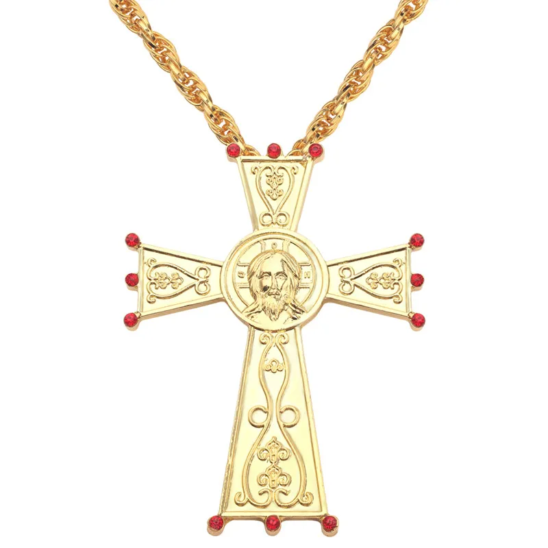 

Hip Hop Gold Color Necklace Catholic Jesus Cross Pendant Necklace Metal Crafts Religious Icon Orthodox Baptism Pious Faith Gifts