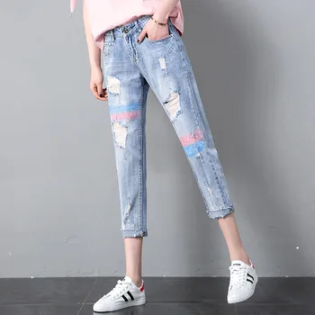 

Hole Harlan Pants Painted Slim Hole Radish Pants Jeans Female Nine Points