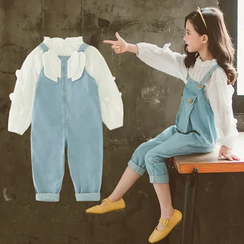 

Children'S Clothing Sets New Autumn Girl Small Wings Overalls Suit Solid Color Shirt + Jeans 2-Piece Set Teen Girls Cute Clothes