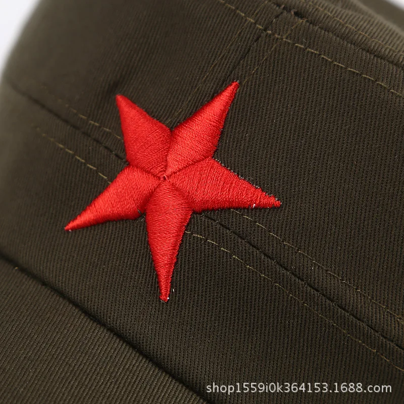 Men's Four Seasons Cotton Retro Embroidered Five-Pointed Star Flat Top Military Cap