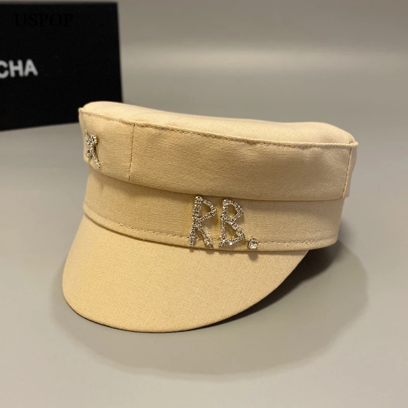USPOP Cotton and Linen Rhinestone Letter Newsboy Caps Women Flat Militray Caps cotton newsboy cap