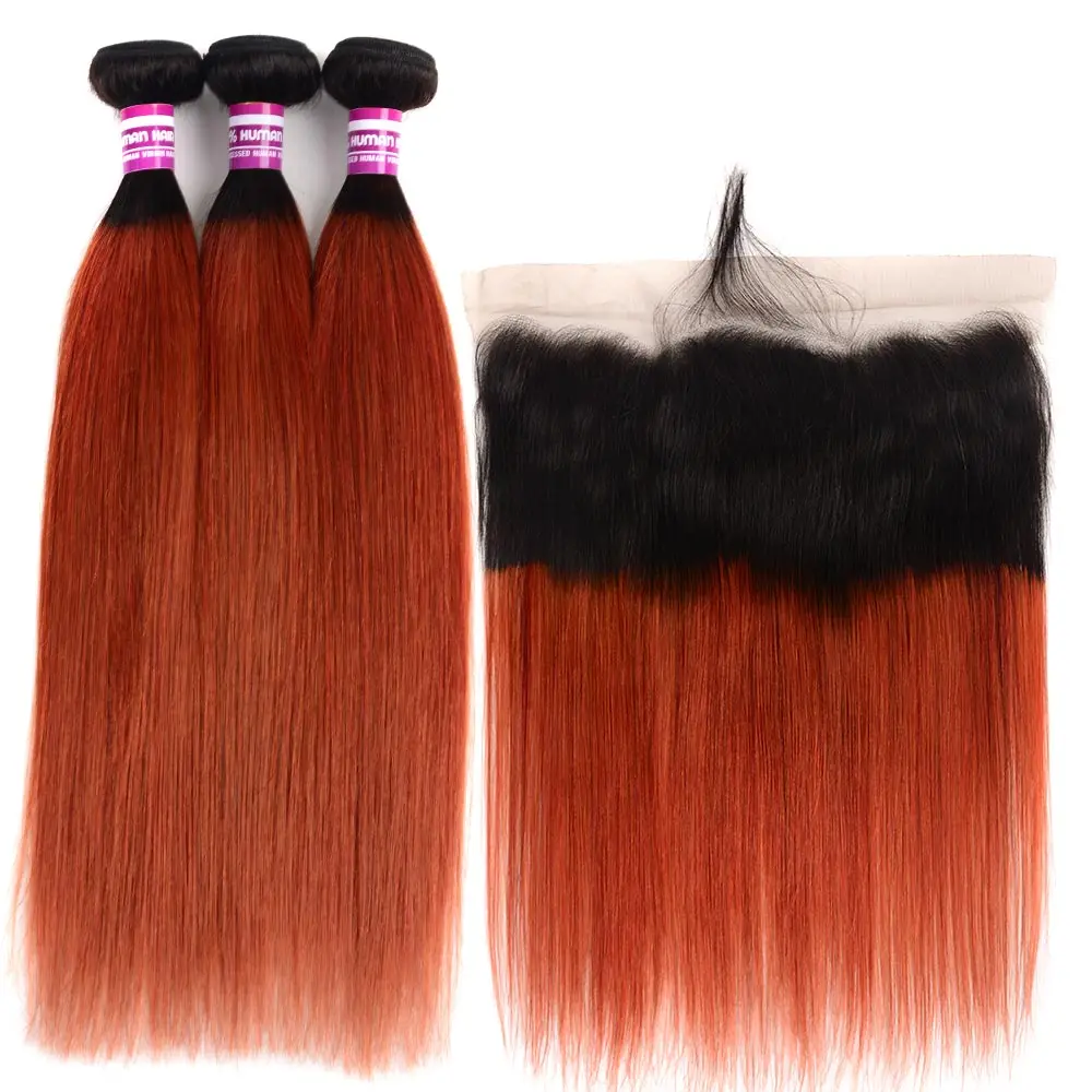 

Ombre 1b Orange Straight Hair 3/4 Bundles With Frontal Remy Human Hair Extension Roots Brazilian Hair Weave Bundles With Closure