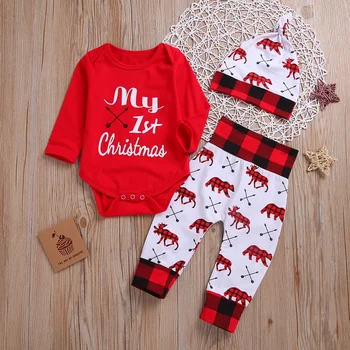 

Toddler Newborn Sets Kids Cute Casual Cartoon Christmas Print Cotton Tops Pants Hat Spring Autumn Three-Piece Children Clothing