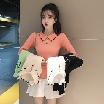 

3213 # Autumn Clothing Peter Pan Collar Tops Slim Fit Long-sleeve Knitwear Women's Pullover Sweater Western Style Base Shirt
