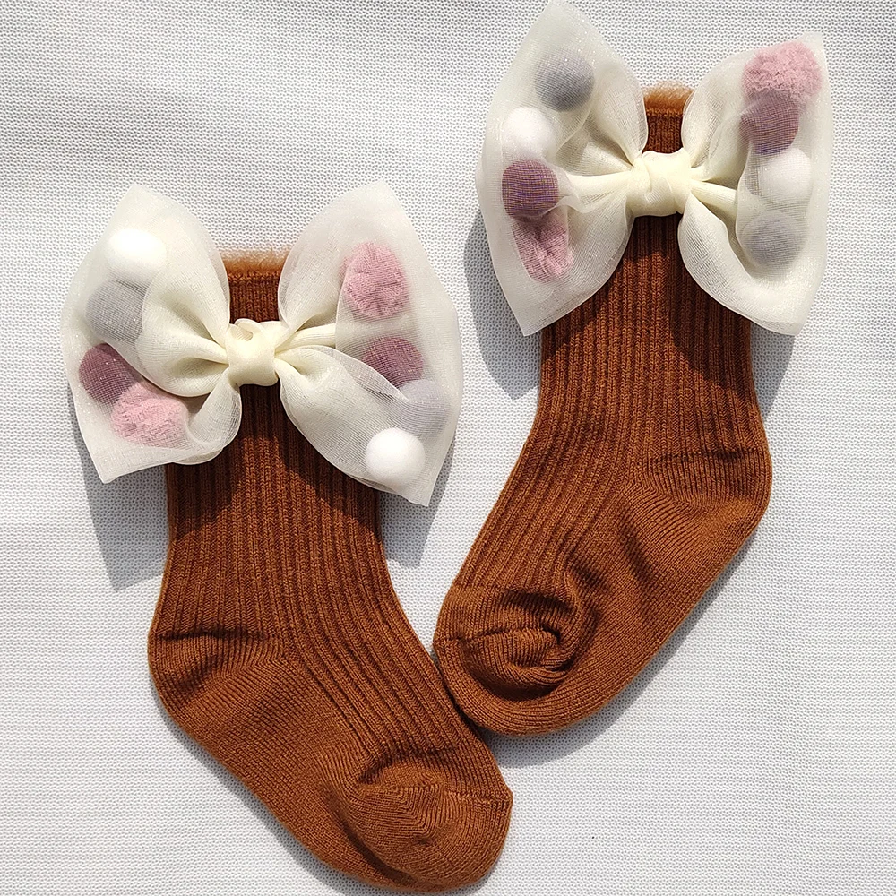 Brown White Bow Новые Зимние гольфы с бантиками для маленьких девочек; носки принцессы для девочек; теплые детские носки; бархатные детские носки - Цвет: Brown White Bow